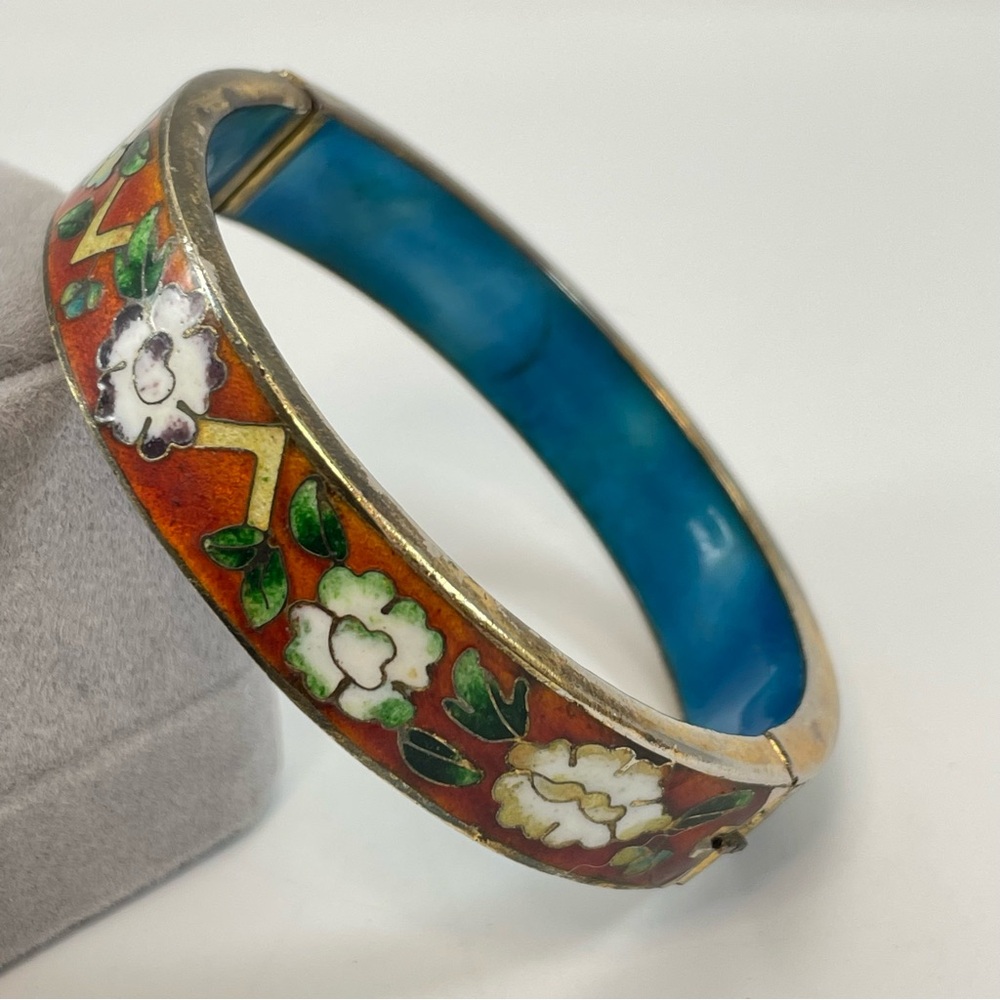 ANTIQUE ESTATE CHINESE EXPORT  CLOISONNE ENAMEL FLOWER HINGED BANGLE BRACELET
